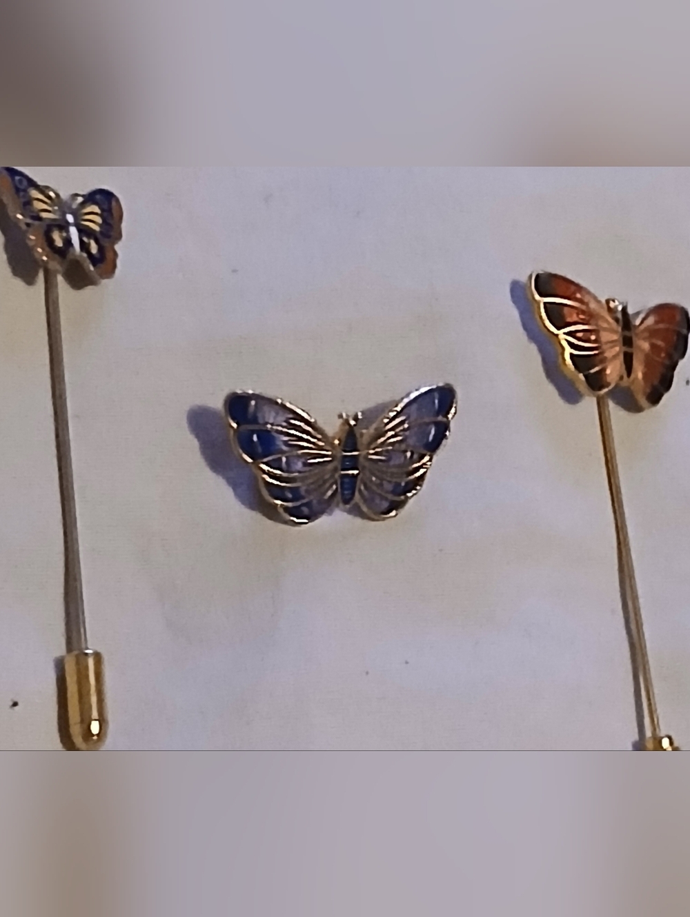Butterfly Stick Pins and Pinback Set - Blue and Copper Enamel